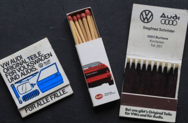 Audi Quattro Werbestreichhölzer "Vorsprung durch Technik" + "Originalteile" 1990 drei Sets (3238)